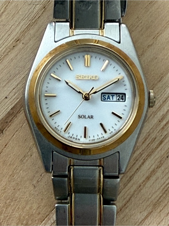 Seiko Solar Ladies Watch White Dial Two-Tone Bracelet Case Day Date Window main image 5
